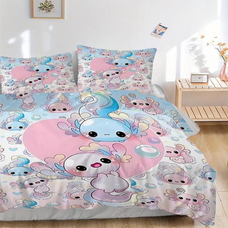 3pcs Axolotl Love Heart Bedding Set, Includes One Quilt Cover and Two Pillowcases (No Core), Cute Axolotl Design for Bedroom Decor