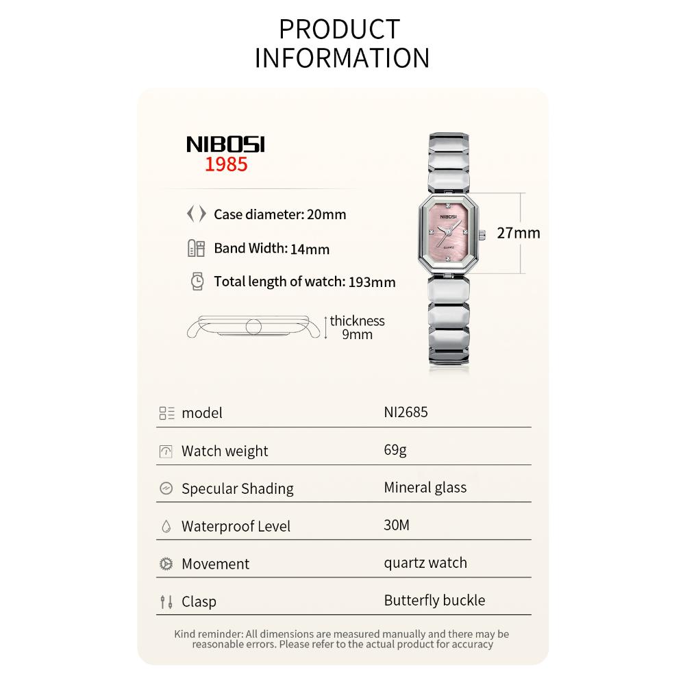 NIBOSI Элегантные водонепроницаемые женские кварцевые часы из нержавеющей стали с прямоугольным циферблатом и датой наручные часы для женщин с бриллиантами наручные часы