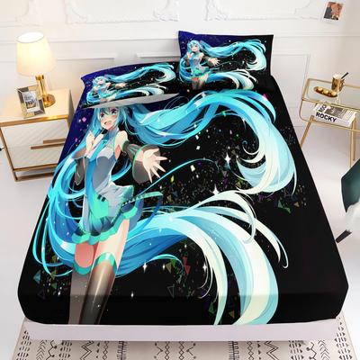Простыня на резинке с принтом Hatsune Miku Comforte Покрывало для кровати Полный комплект 3D Детское постельное белье Аниме Декор комнаты Дом