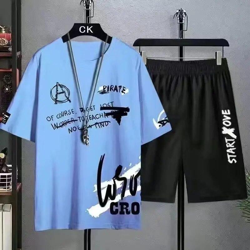 Youth/Vitality Style Men's Fashion Beach Set Summer Street Sports Set 2-piece Korean Tshirt Set Campus Couple Tshirt Set