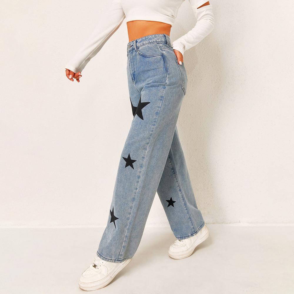 PUFFANPOP Женские джинсы широкие штанины с высокой посадкой джинсовые брюки с принтом свободные прямые джинсы Y2K джинсы