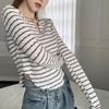 Необычная футболка с V-образным вырезом, в полоску, с длинными рукавами, женская, осенне-зимняя новинка, облегающая базовая футболка, короткий топ