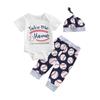 Baby 3Pcs Summer Outfits, Short Sleeve Baseball Letter Print Romper + Pants + Knot Hat Set