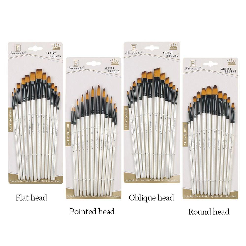 12Pcs Nylon Hand Drawn Watercolor Pointed Round Flat Head Flat Brushes Painting Brushes Gift