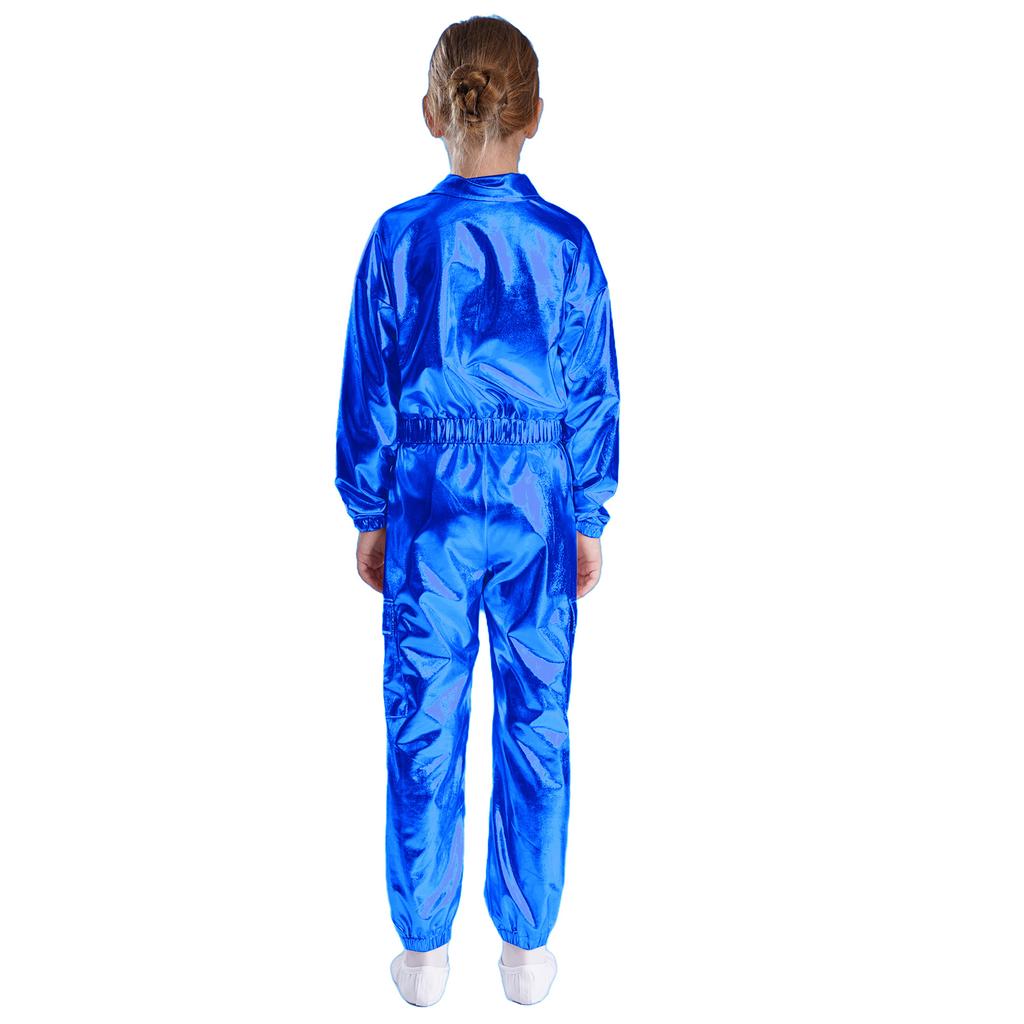 Блестящий танцевальный костюм для девочек и мальчиков, металлическая куртка с отложным воротником и длинными рукавами и блестящие брюки для джазовых соревнований