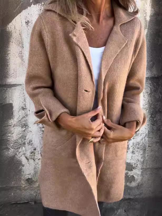 Women's Solid Color Turn-Down Collar Mid-Length Cardigan Coat with Pockets (Single-Breasted) - 2024 Autumn/Winter Collection