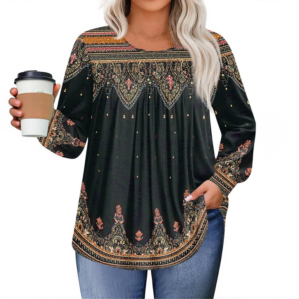 Womens Plus Size Tops Long Sleeve Shirts Round Neck Flowy Tunic Casual Loose Blouse L-5X