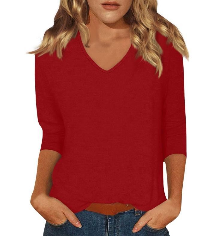 Women's Daily Versatile Casual V-Neck Solid Color Seven-Sleeve T-Shirt Top