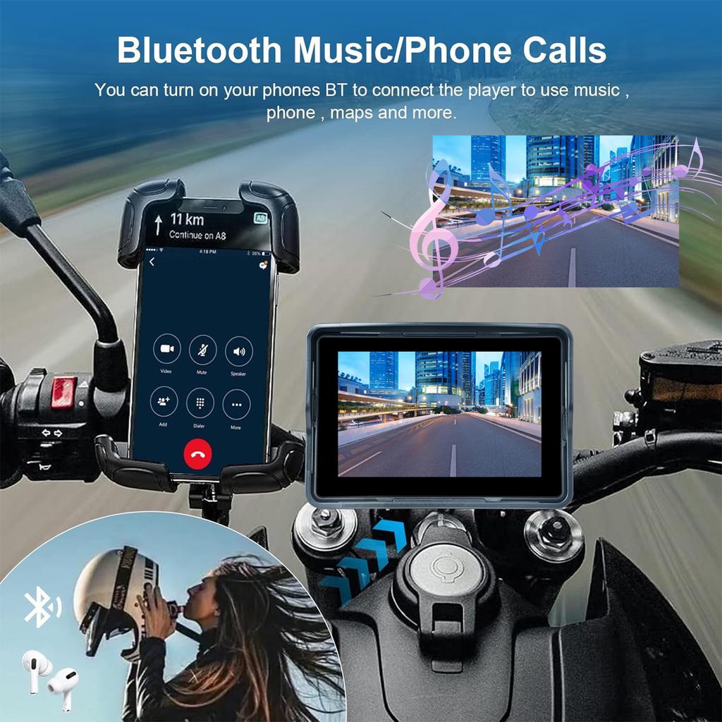 MT 002 5-дюймовый портативный видеорегистратор для мотоцикла, беспроводной Apple Carplay, Android, автонавигация, GPS-экран, водонепроницаемый дисплей IPX7, двойной BT