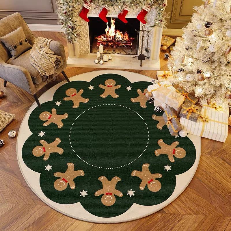 VIKAMA Christmas Round Carpet Living Room Bedroom Festive Red Festive Atmosphere Decorated Christmas Tree Decoration