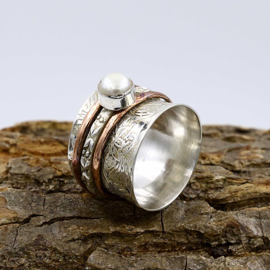 Кольцо из стерлингового серебра 925 пробы, Кольцо с белым жемчугом, Двухцветное кольцо, Кольцо в богемном стиле, Дизайнерское кольцо, Серебряные украшения