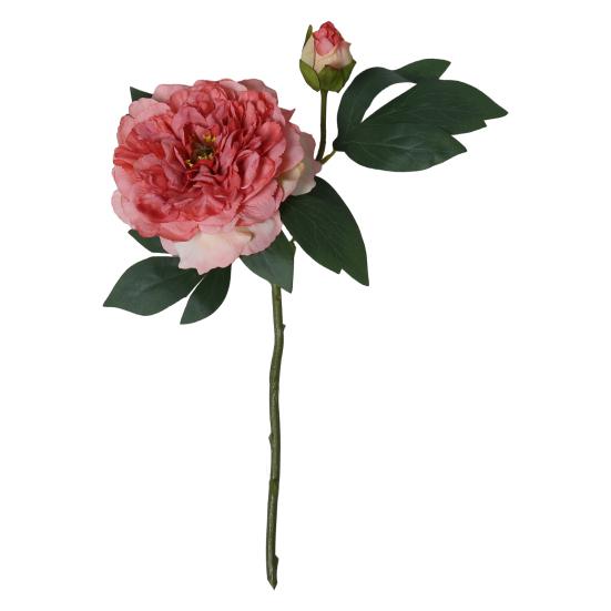 Искусственный пион с зелеными листьями 2 головки реалистичный поддельный шелковый цветок