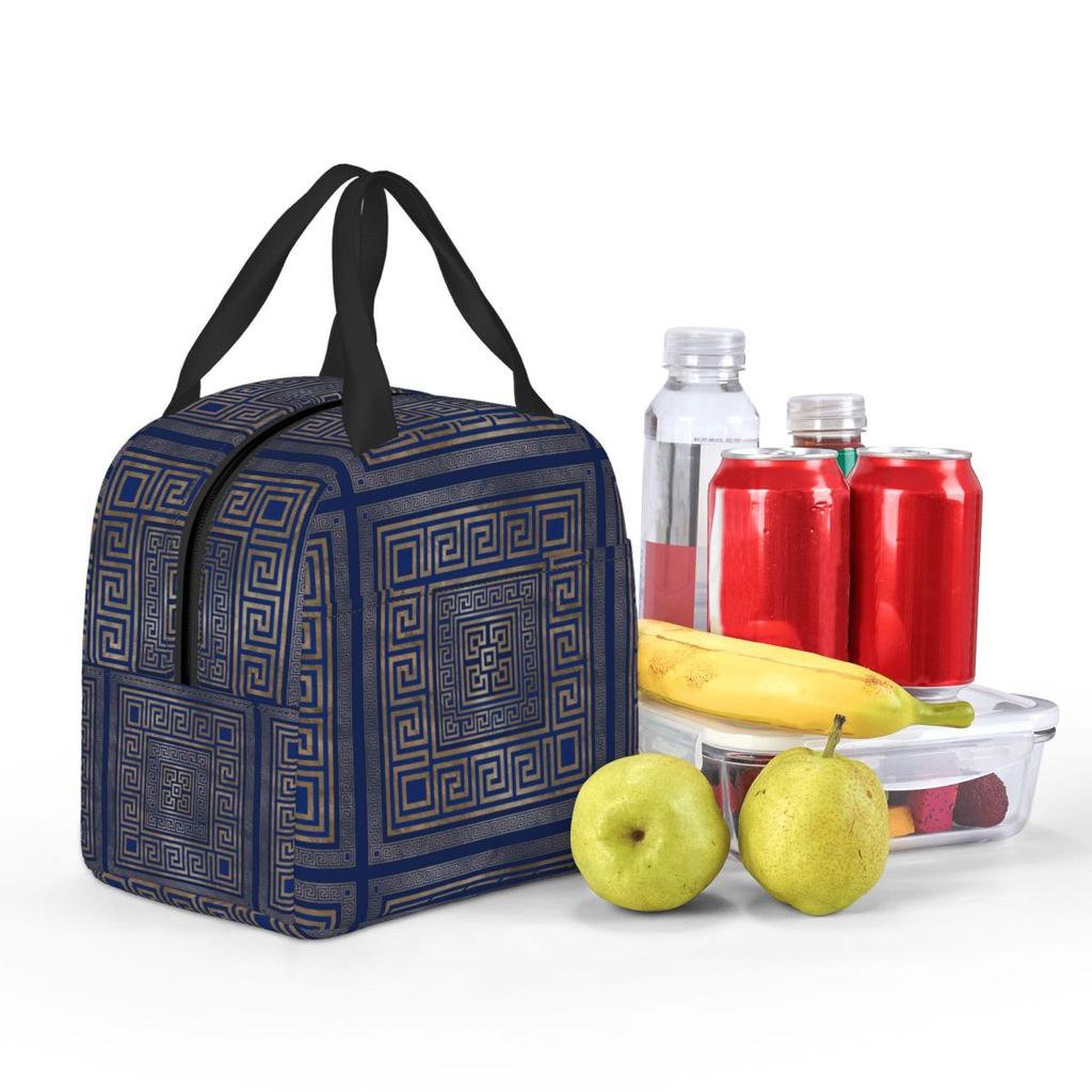 Greek Keys Ornate Floral Baroque Gold Insulated Lunch Bag for Women Kids Portable Food Boxes Thermal Lunch Box Tote