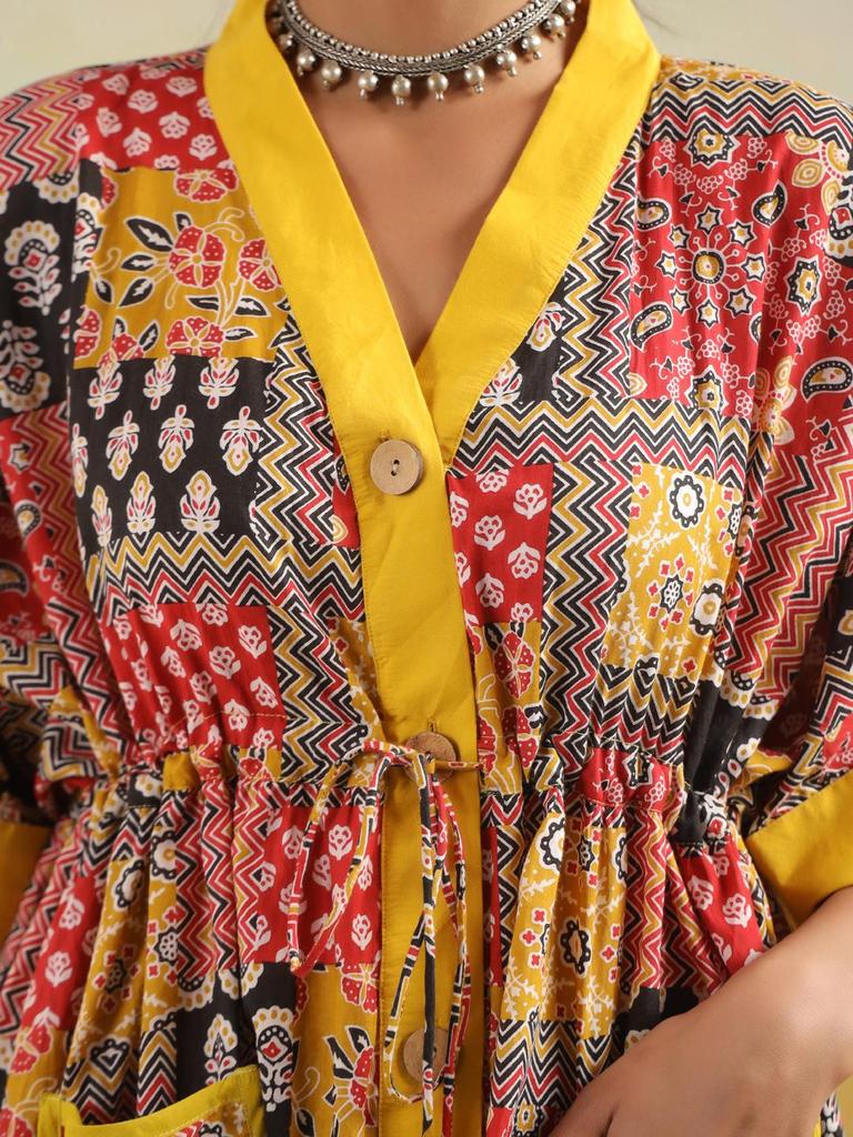 Верхняя туника из хлопка с ручным принтом, кафтан, туника из хлопка с карманами, свободного кроя, туника свободного размера, красно-желтый кафтан, ограниченный тираж