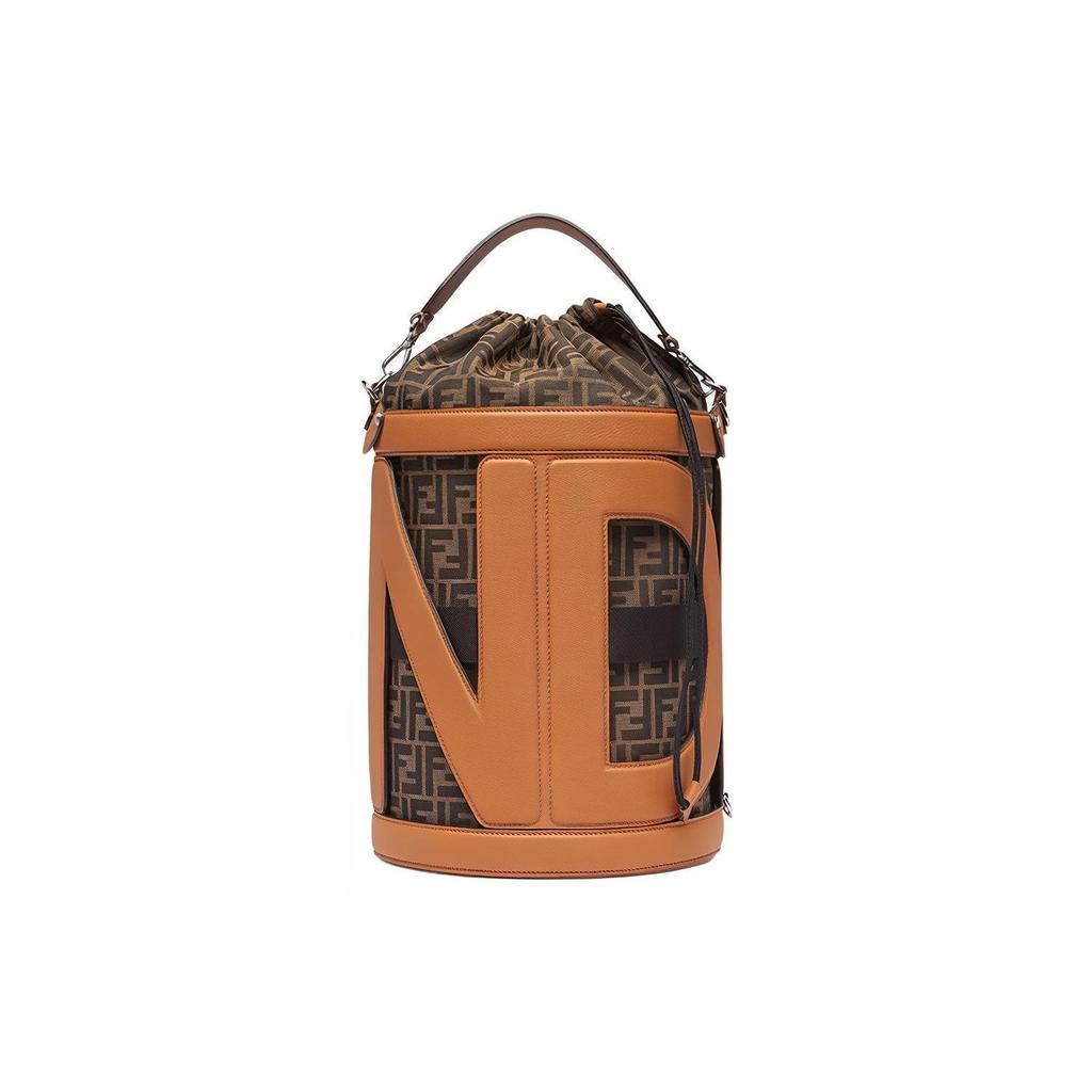 Fendi Silver Finish Metal Drawstring Closure Jacquard FF Pattern Leather Bucket Bag Women Bags Brown 7VA589-AMAH-F1KAT