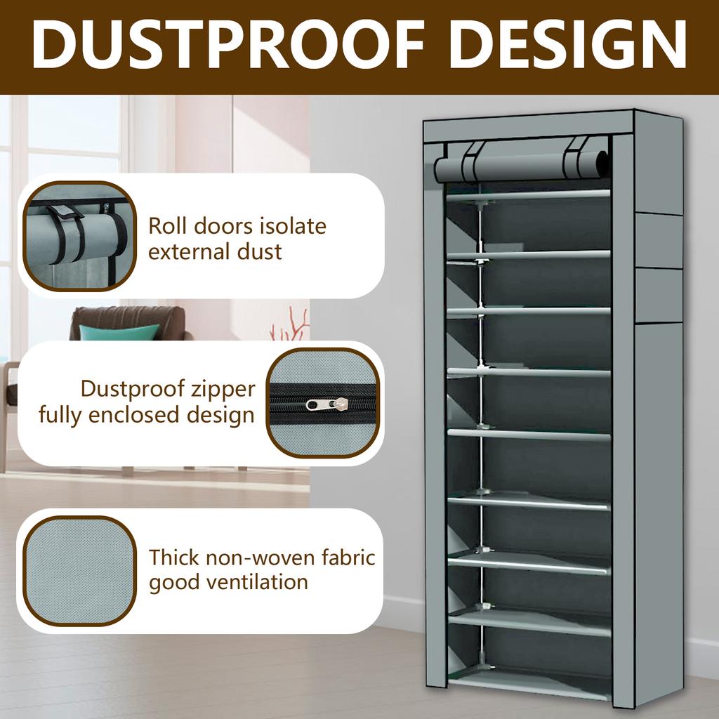 10 Tier Shoe Rack Organizer Dustproof Fabric Holds 30 To 40 Pairs Shoes Space Saving Free Standing Tall Shoe Storage Shelf