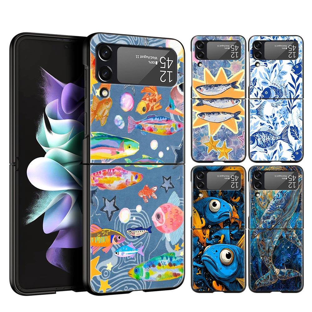 Blue Ocean Fish Hard PC Phone Case For Samsung Galaxy Z Flip 7 6 5 4 Black Cover For Galaxy Z Flip 3 Foldable Fundas Shell Capas