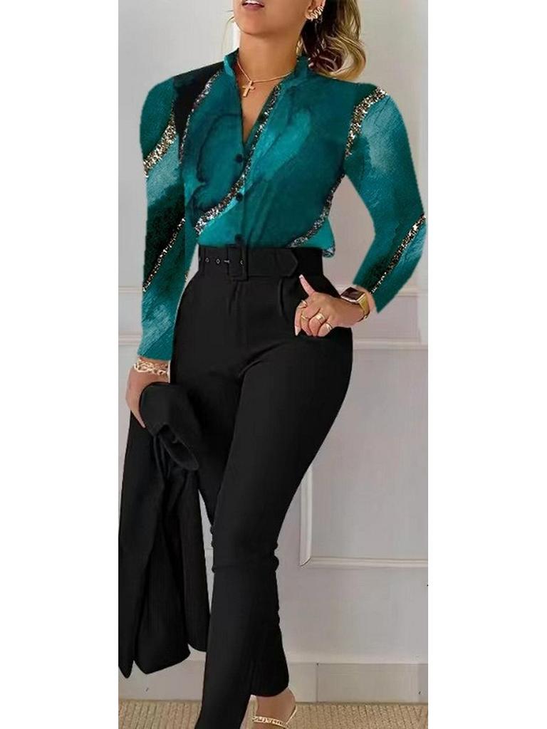 Принтованный топ с длинным рукавом и однотонный брючный костюм с поясом