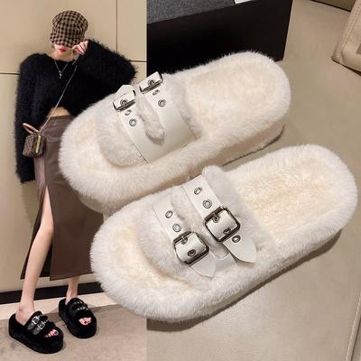 Хлопковые тапочки Интернет-знаменитость 2025 плоская подошва пушистые тапочки женские осенне-зимние новые кролик пушистые надпись черные