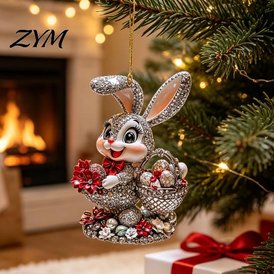 Lightweight Acrylic Rabbit Figurine Easter Bunny Pendant, Cute with Basket, 2D Car Decorative for Home Window Rearview Mirror Hanging Ornament,