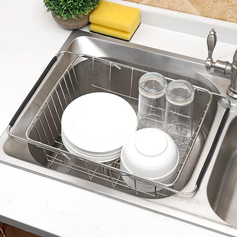 Adjustable Stainless Steel Sink Dish Plate Drain Rack Expandable Drying Basket Fruit Bowl Drainer Holder Kitchen Storage