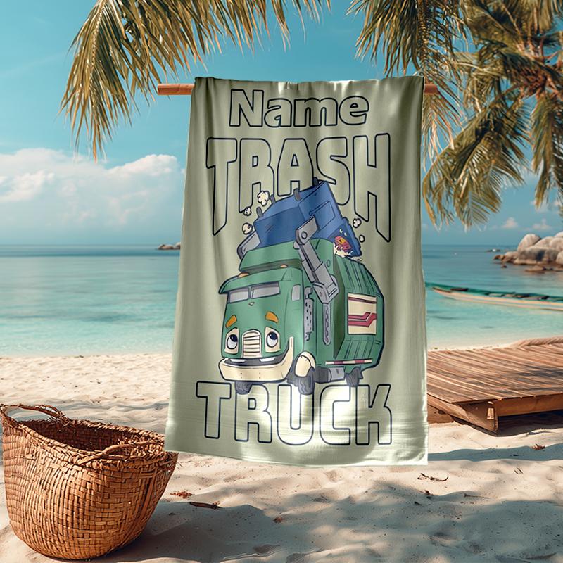 Custom Name Ultra-Soft Beach Towel with Trash Truck Theme,Ideal for Pool - Camping, Diving - Perfect Travel Essential, Vibrant Beach Towel.