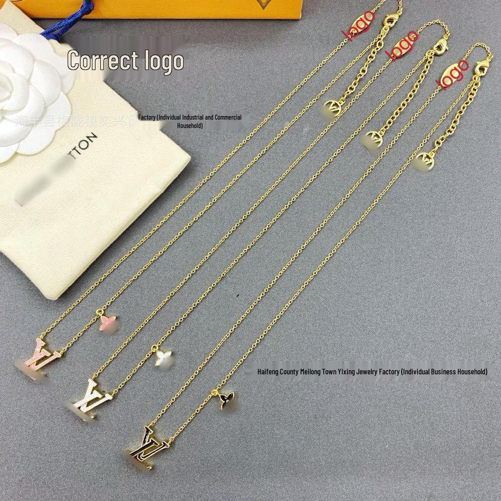 LV Light Luxury Enamel Necklace with Pink, Black, and White V Letter and Floral Design - Trendy Gift for Women.