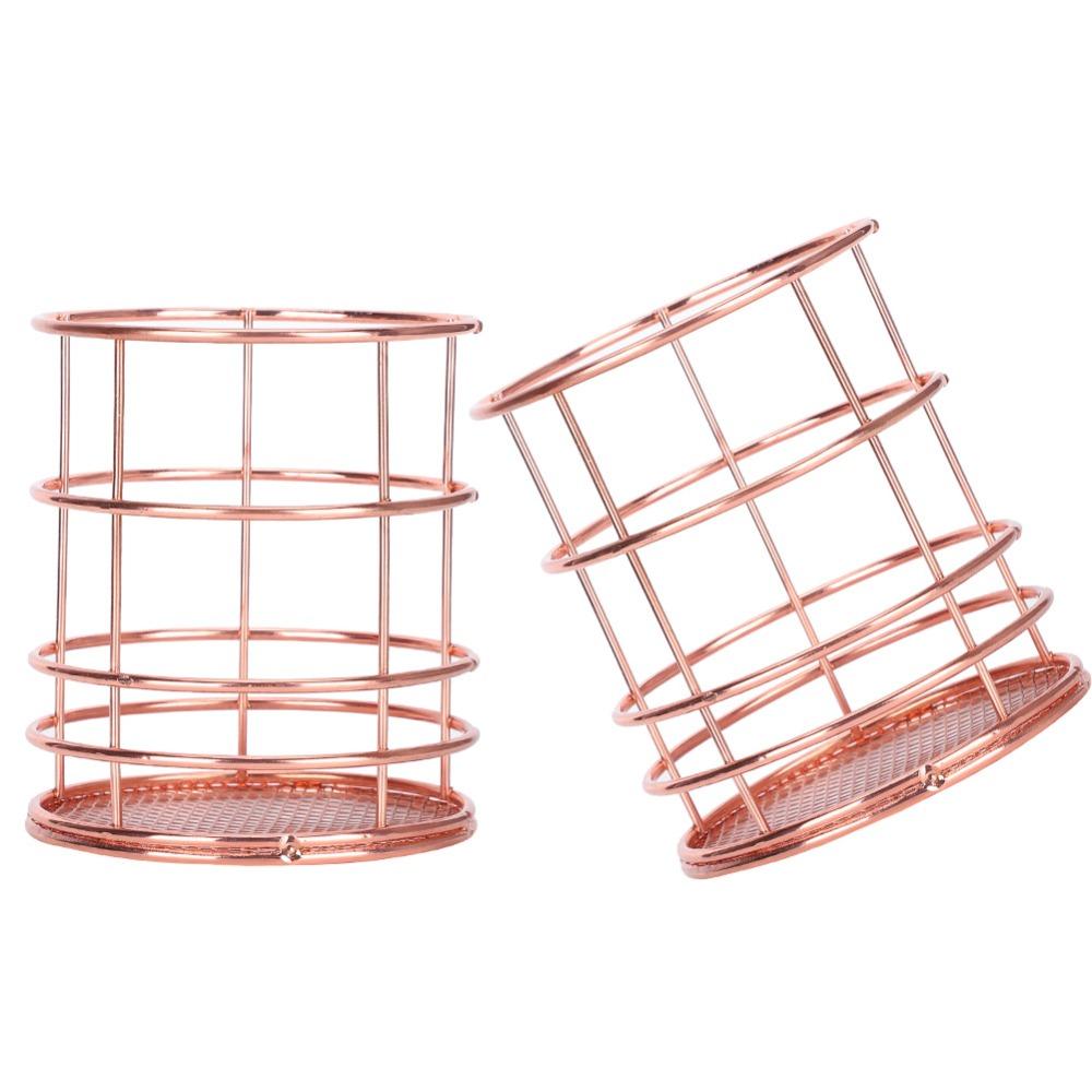 2Pcs Rose Gold Pen Holder Stainless Steel Storage Container Desktop Storage Box Makeup Organizer
