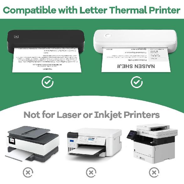 5 Rolls Thermal Printer Paper 8.5"x11" US Letter Size, BPA free Quick-Dry Thermal Paper,Thermal Printing Paper Rolls Compatible Most Portable
