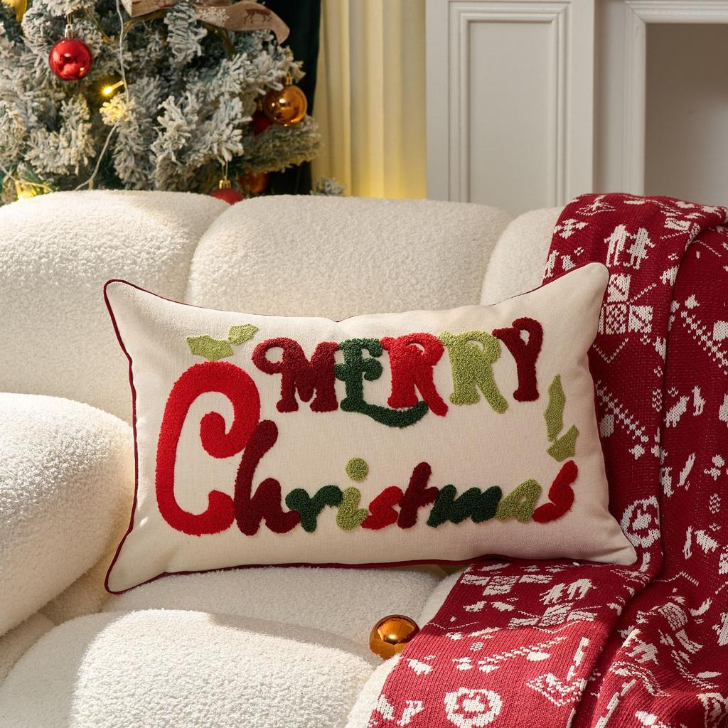 Red Embroidered Merry Christmas Throw Pillow Case Decorative Sofa Cushion Cover for Home Holiday Party Decor
