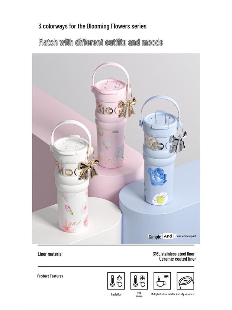 Большая цветочная термокружка из нержавеющей стали для путешествий - Идеально подходит для автомобиля и кофе
