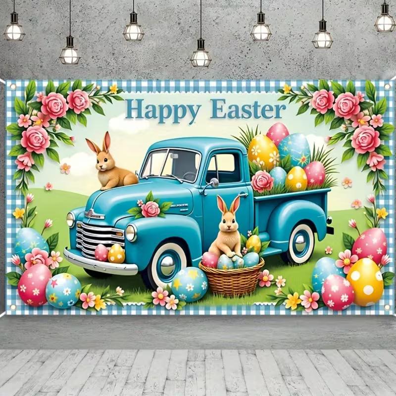 2D Easter Truck Photography Backdrop, Blue Truck with Colorful Eggs & Floral Photo Background