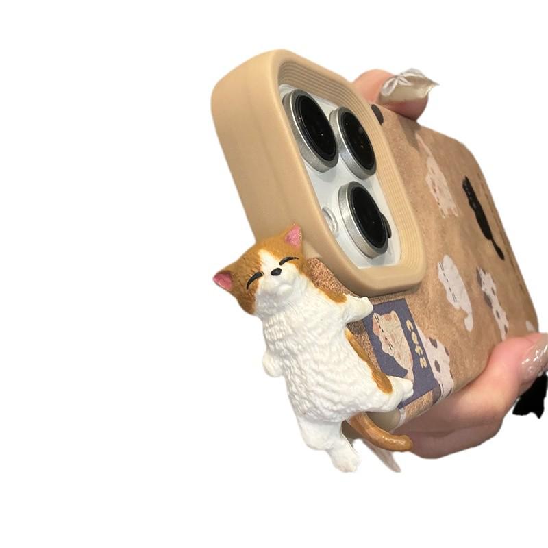 3D Leather Cat iPhone Case: Compatible with iPhone 13, 14, 15 Pro, 16 Pro Max for Autumn and Winter