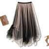Autumn New Trendy Fashion Contrast Gradient Irregular Thin Mesh Pleated Midi Skirts