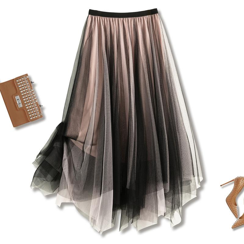 Autumn New Trendy Fashion Contrast Gradient Irregular Thin Mesh Pleated Midi Skirts
