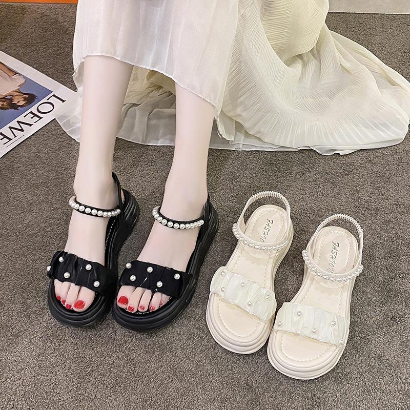 Римские сандалии на толстой подошве женские летние новые фея ветер жемчужные с открытым носком на плоской подошве ins tide повседневная пляжная обувь