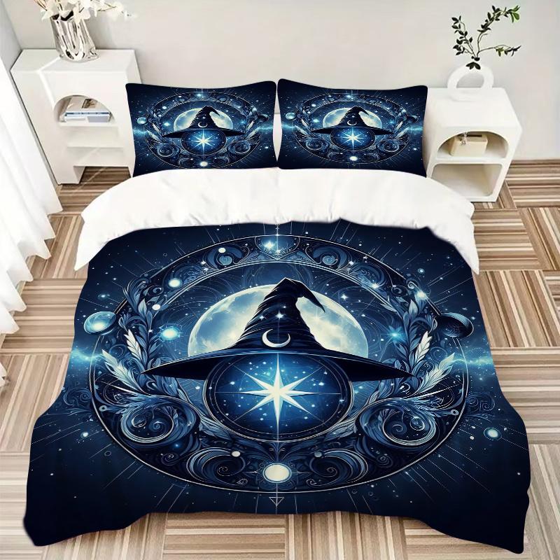 3pcs Wizard's Hat A Mystical Celestial Emblem Printed Duvet Cover Set (1 * Cover+2 * Pillowcase, Without Core), Suitable for Home Bedroom, Guest