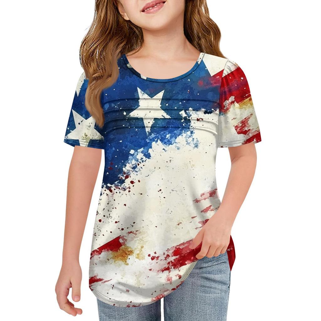 Детская плиссированная футболка с коротким рукавом, летняя футболка с круглым вырезом и принтом «День независимости»