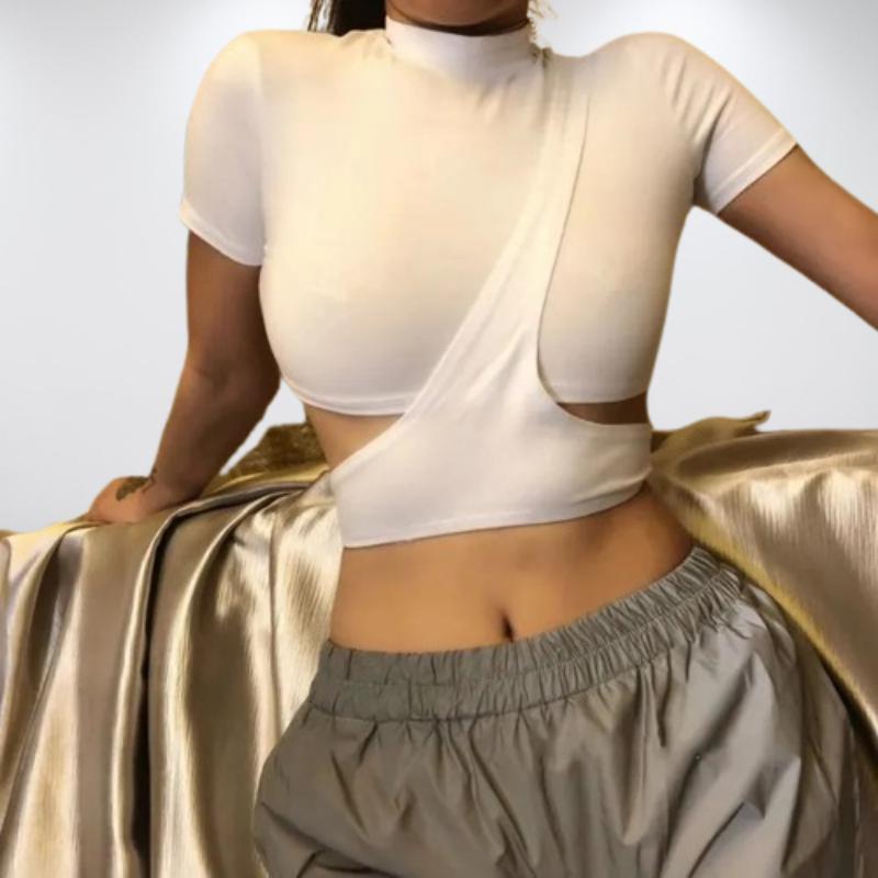 European and American Style Spicy Girl Spring and Summer Round Neck Short Sleeved Sexy Hollow Out T-shirt Women's Short Open Waist Top