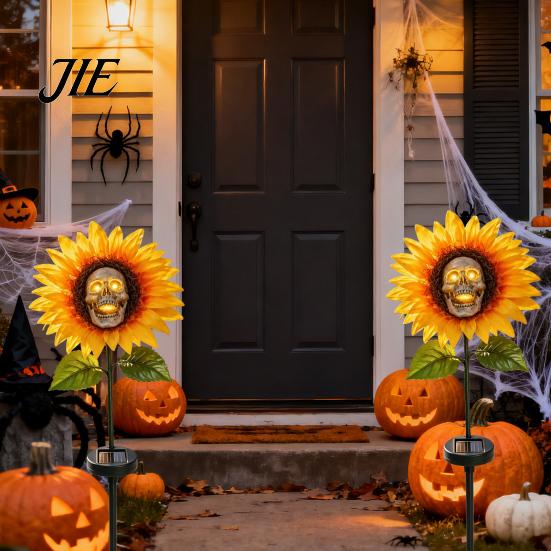 Festive Atmosphere Garden Landscaping Solar Stake Light, Gothic Skull And Sunflower Outdoor Statue Lamp, Wireless Powered Ground Lights Waterproof LED