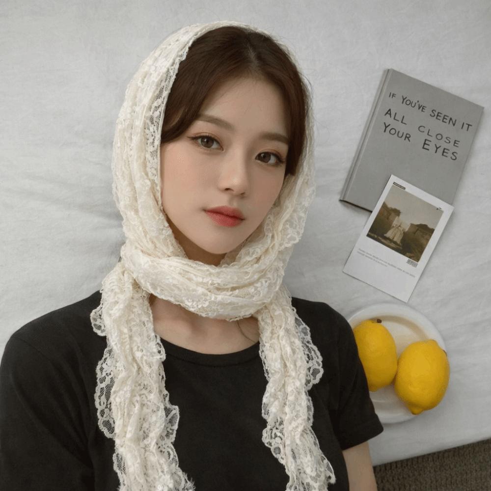 White Beige Lace Neck Scarf Flower Ribbon Headband Trendy Photo-Ready Shawl Spring Summer