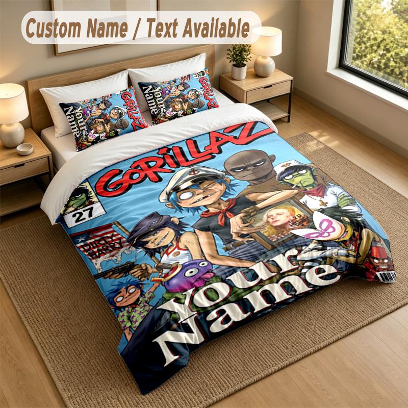 3Pcs Bedding Set Custom Name Text, 1 Sheet 2 Pillowcases Home Bed DecorGorillaz