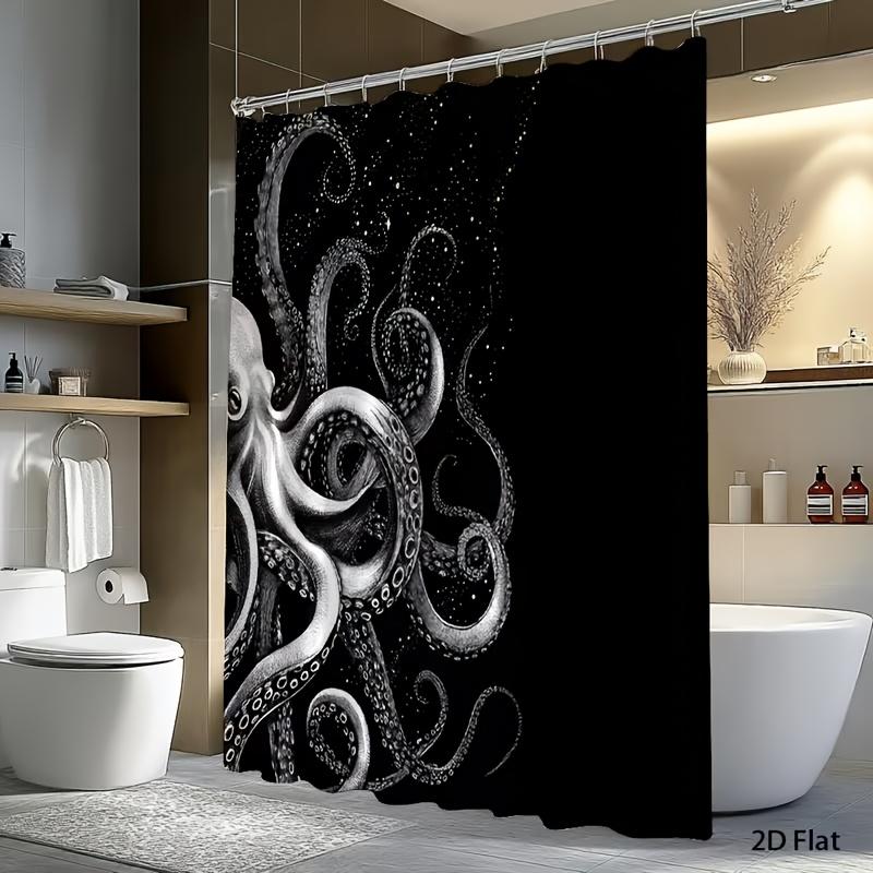 Waterproof Shower Curtain Octopus Kraken Deep Sea Art Liner Black Background Nautical Monochrome Bathroom Decor
