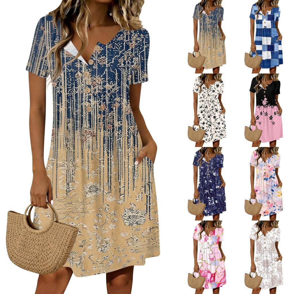 Women’s Vintage Floral Print Short Sleeve Button Neck Casual Dress with Round Neck and Relaxed Fit for Daily Wear