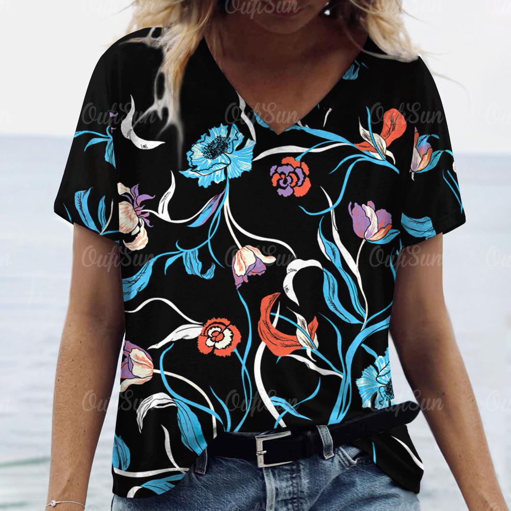 2024 Футболка для женщин Топы с цветочным принтом Женская свободная одежда Футболки Летние топы с V-образным вырезом Рубашка Футболки оригинального дизайна