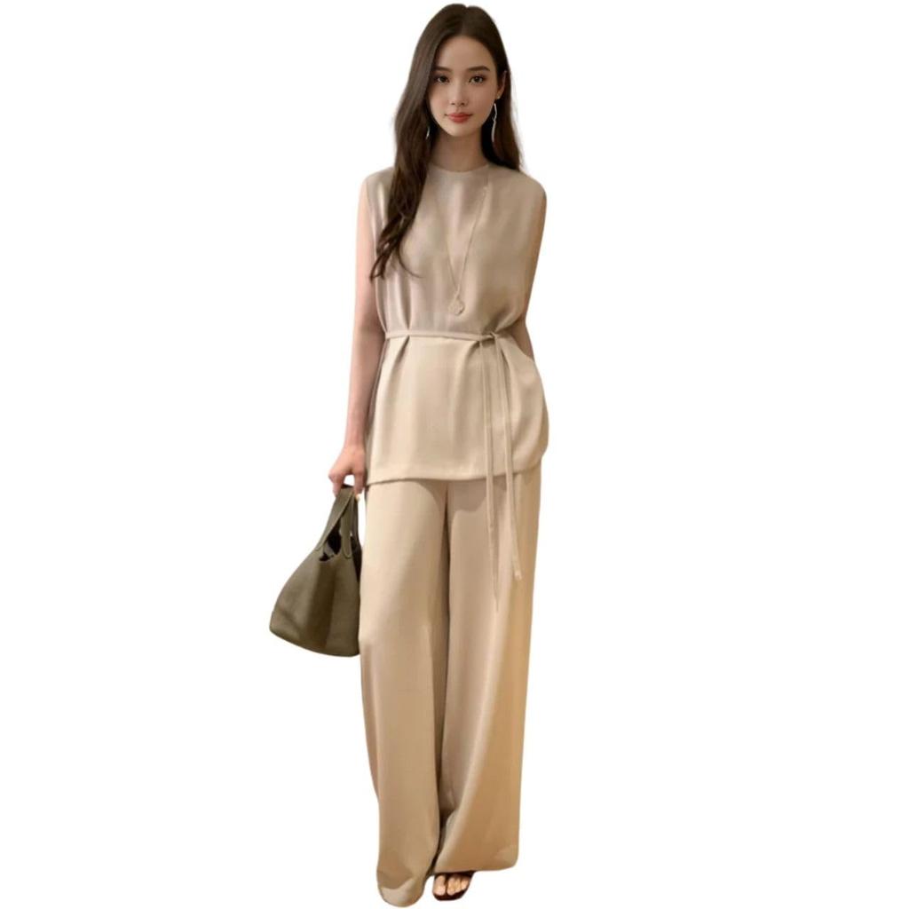 J-Scott Women's Sleeveless Wide-leg Pants Set, High-Waisted, Beautiful Silhouette, Chic, Beige, JS171-BG-M