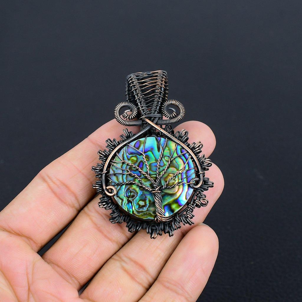 Tree Of Life Abalone Shell 999 Copper Wire Wrapped Pendant, Handmade Gemstone Pendant Jewelry, Gifts For Wife Brand New Pendant