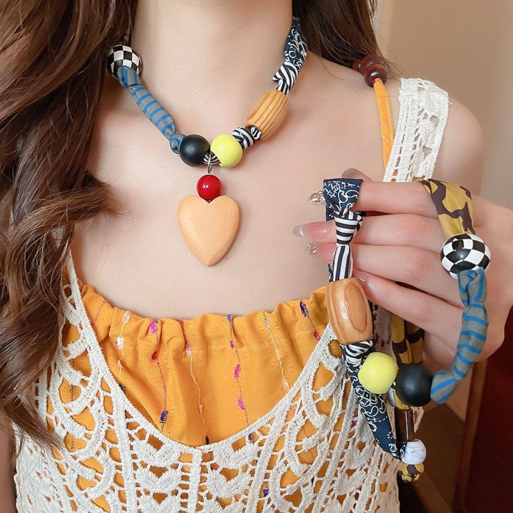 Love Pendant Wood Bead Necklace Multicolor Bohemian Choker Patchwork Cloth Chain Necklace Gift