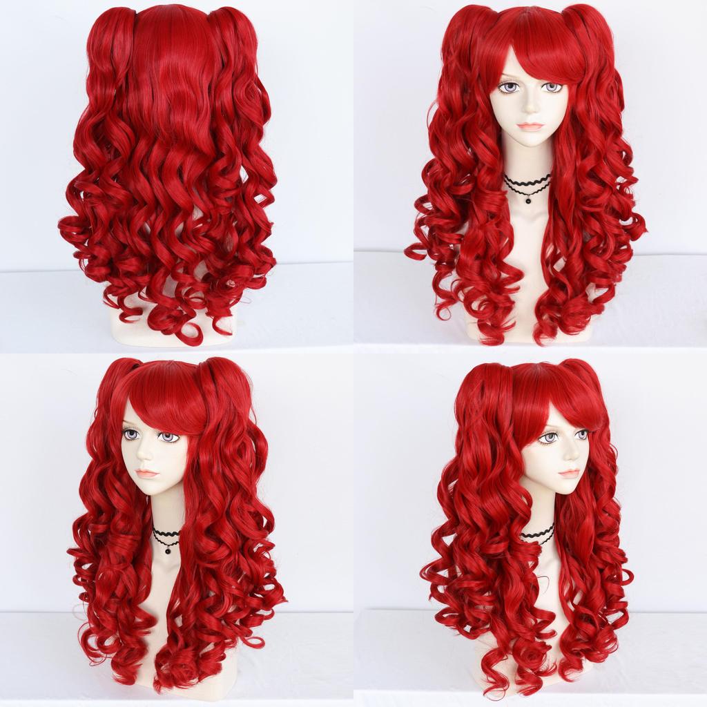 Lolita Cosplay Wig With Double Tiger Clips Red Long Curly Synthetic Hair For Anime Costumes