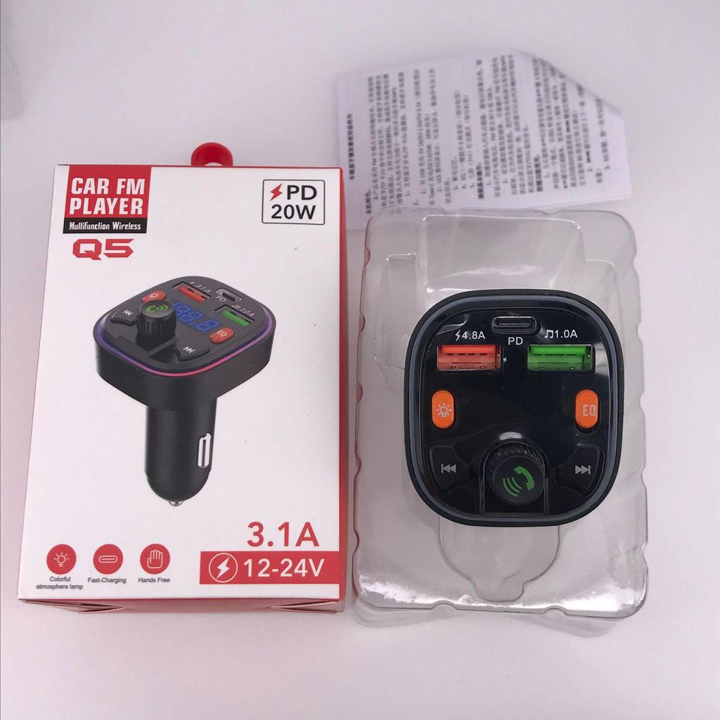 Q5 Car Bluetooth Charger with Dual Ports, FM Modulation, Blue Ambient Light, MP3 Player, and Fast Charging